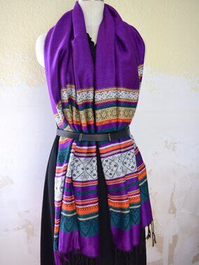 Vibrant Purple Shawl Wrap With Colorful Woven Pattern